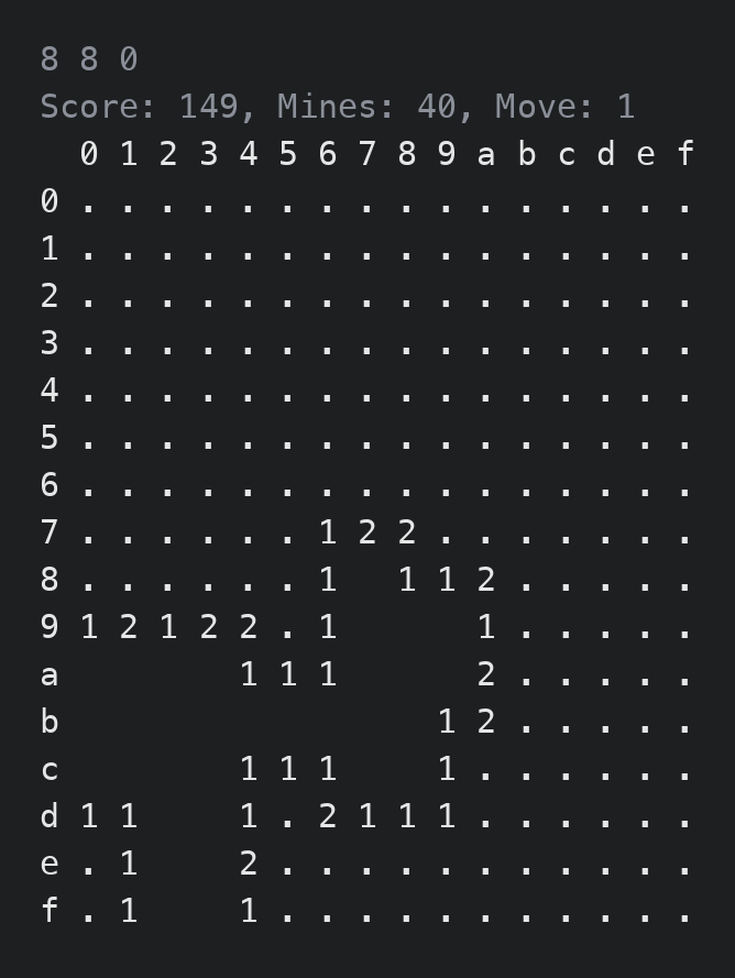A 16x16 intermediate board part way through a flood fill